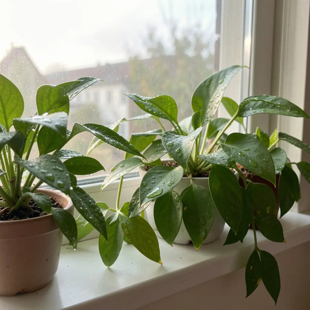 Calm morning scene with soft natural light and green plants on a windowsill