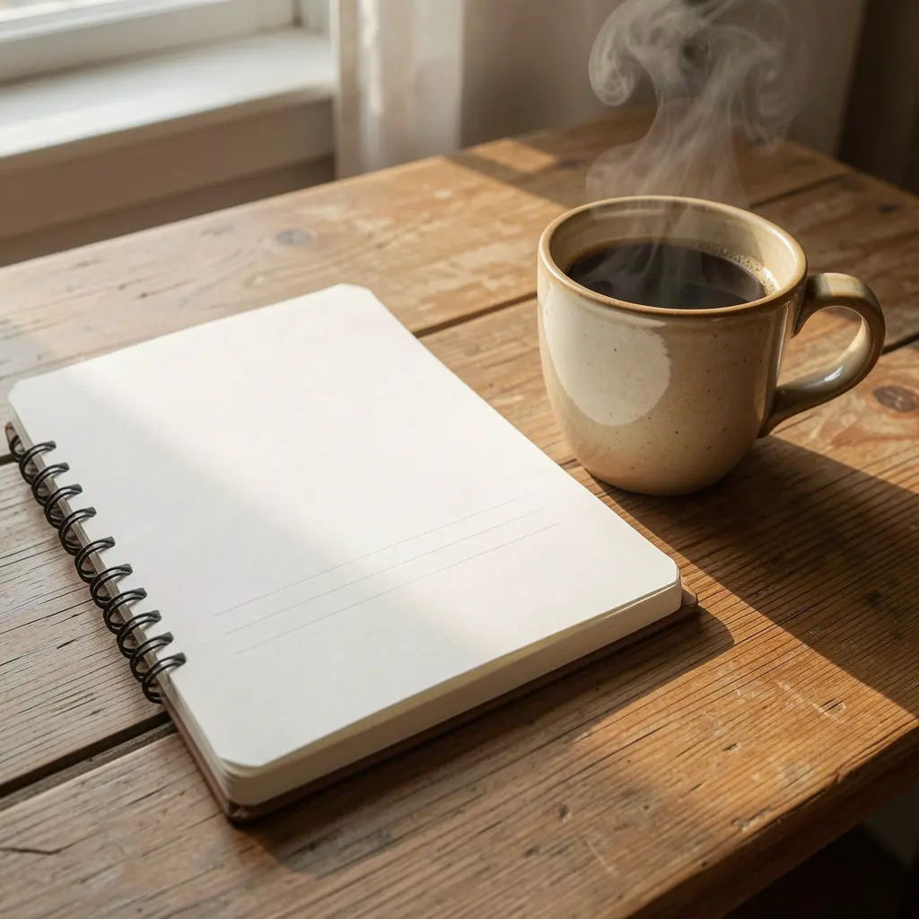 Notebook and warm beverage on a wooden desk in natural light